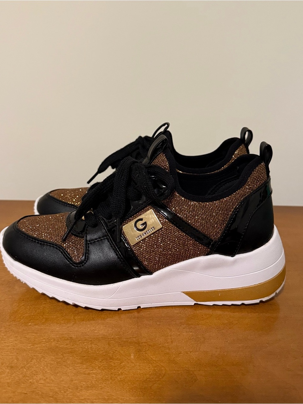 G by Guess Black & Bronze Glitter Platform Sneakers